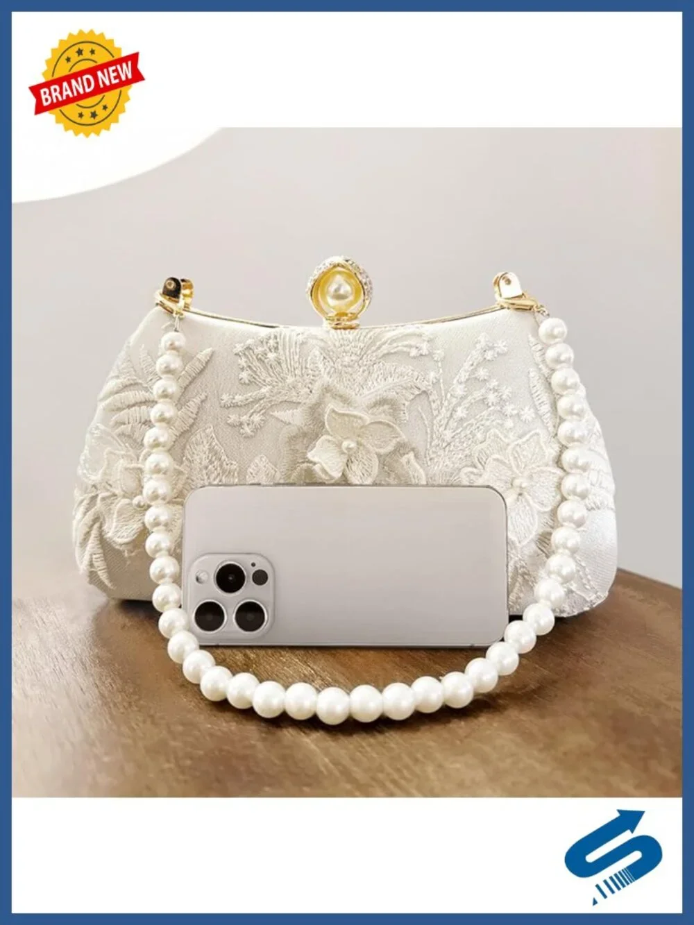 Floral Embroidered Clutch Purse Evening Bag Pearl Crossbody Wedding Party
